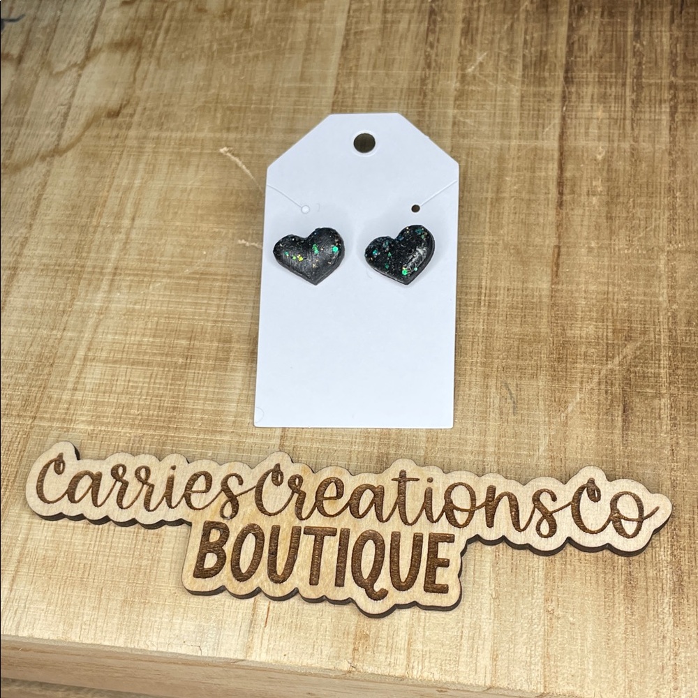 Black Heart Glitter Stud Earrings